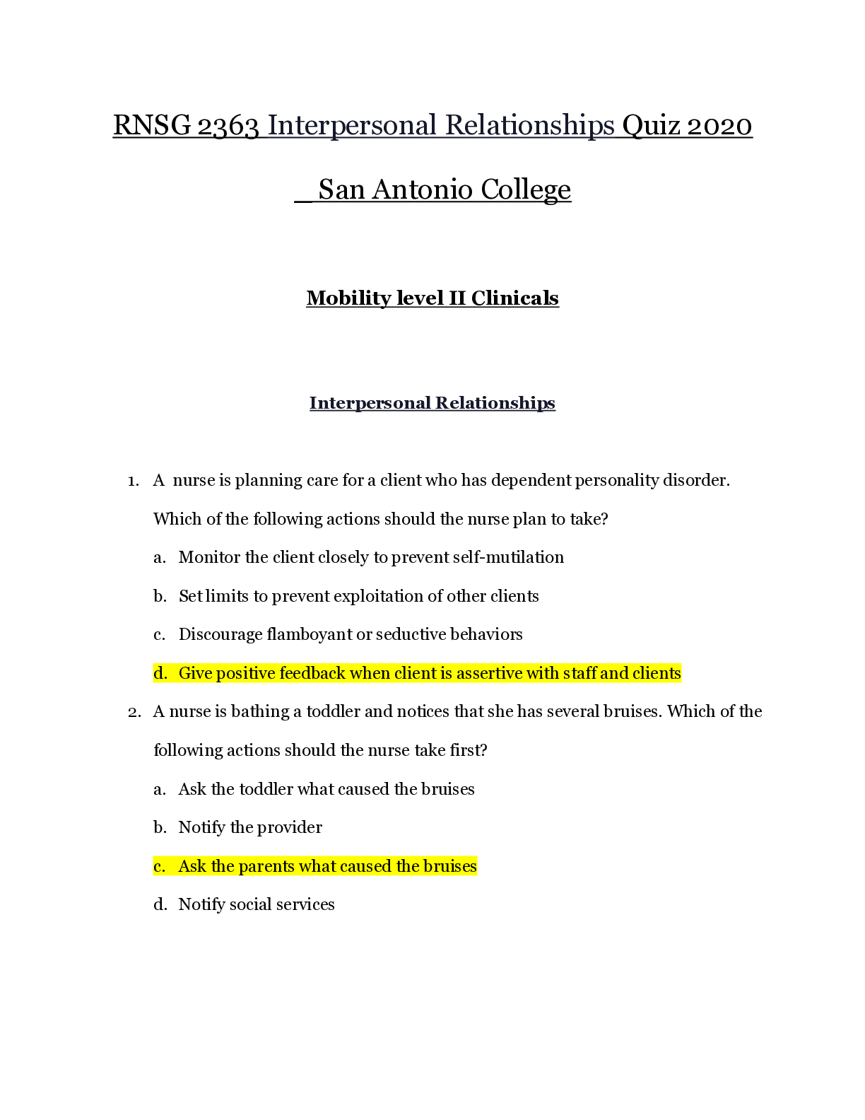 Preview image for RNSG 2363 Interpersonal Relationships Quiz 2020 _ San Antonio College | RNSG 2363 Mobility level II Clinicals
